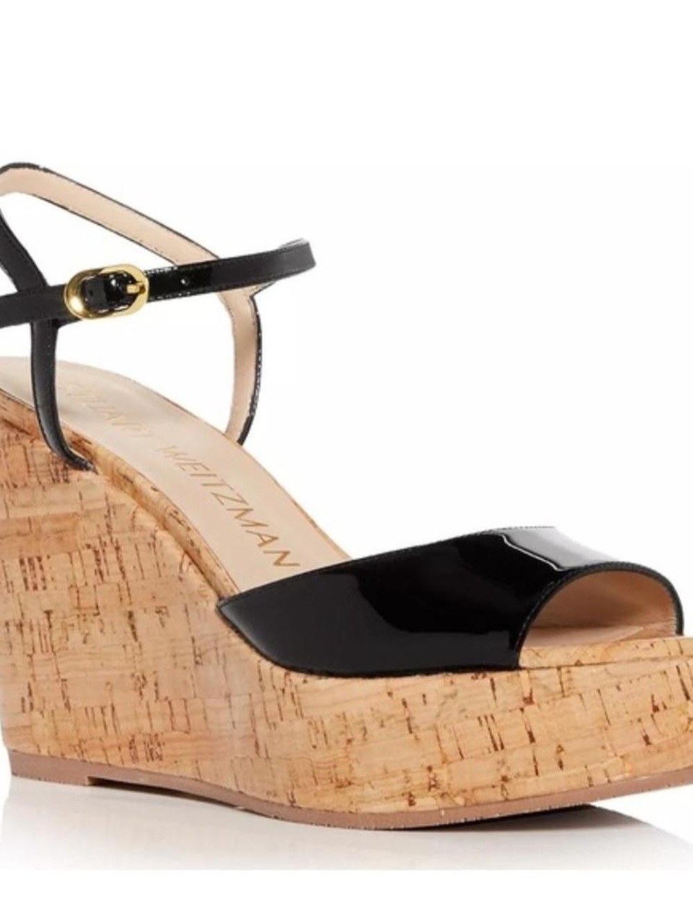 Stuart Weitzman Black Patent Cork Wedge Sandals with Gold Buckle